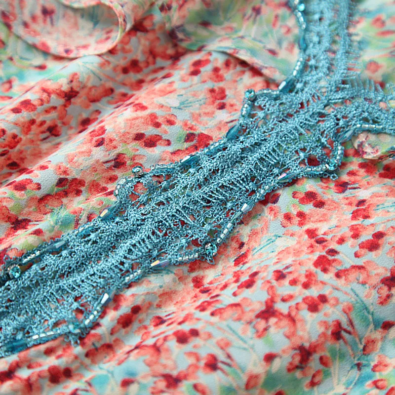 

2021 New Summer Short Sleeve Beading Lace V-neck Print Women's Chiffon Bohemian Dresses Midi Vestidos De Mujer Casual Beach Robe