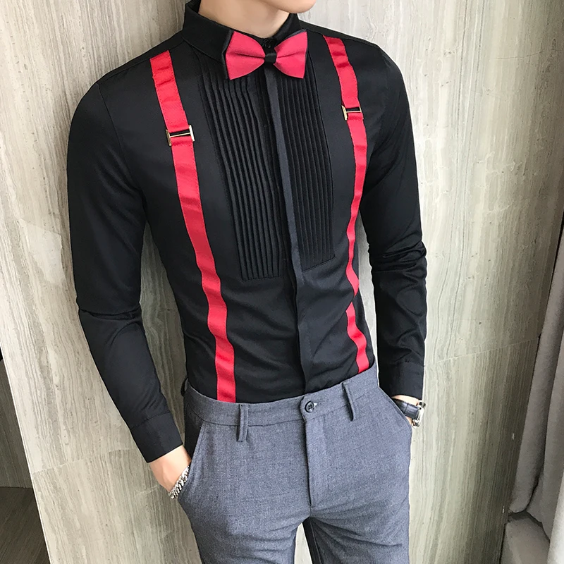 Мужская приталенная рубашка под смокинг черная красная белая с длинными