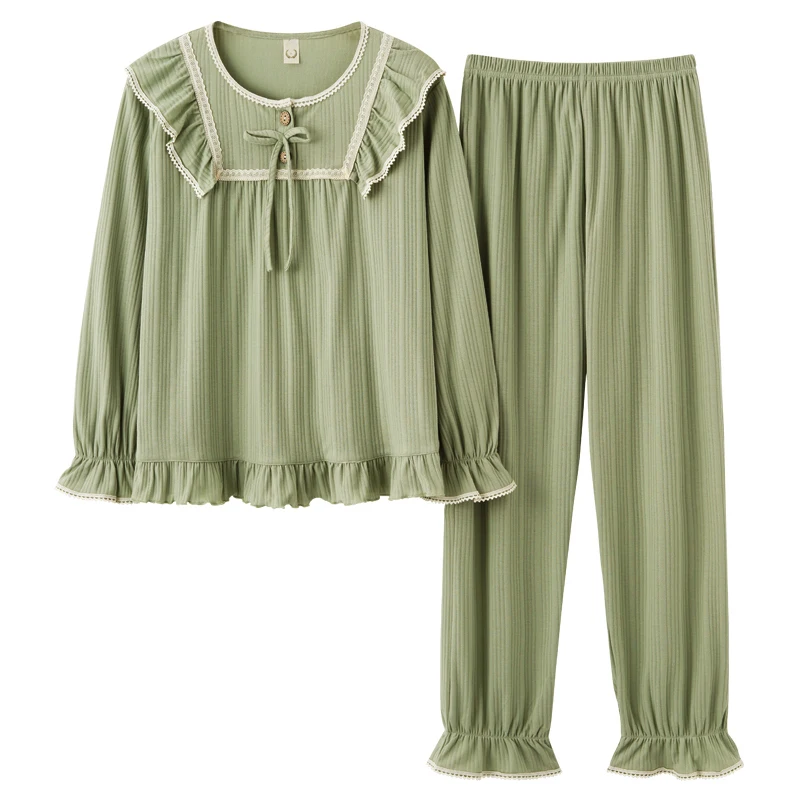 Princess Style Young Girls Pajamas Lovely Round Neck Sleepwear Long Sleeve Full Cotton Pyjamas Female Big Yards Leisure Outwear