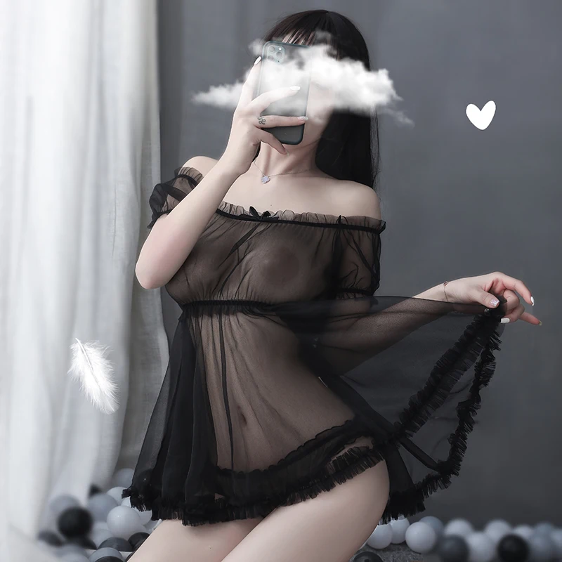 Short Sleeve Slash Neck Ruffle Bow Mesh Gauze Sheer Tops And Shorts Woman Night Sexy Sleepwear Lingerie Pajamas Set Home Clothes | Женская
