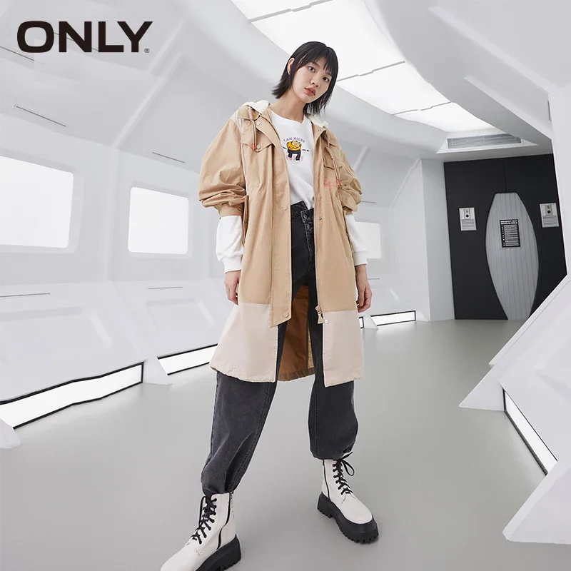 

ONLY Women's Mid-length Stitching Color Letter Printed Hooded Trench Coat |120136565