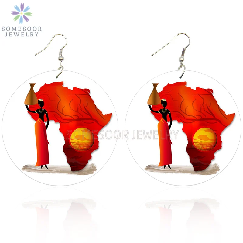 SOMESOOR Afrocentric Ethnic Headwrap Woman Wooden Drop Earrings African Map Pattern Afro Black Art Paint Jewelry For Women Gifts  - buy with discount