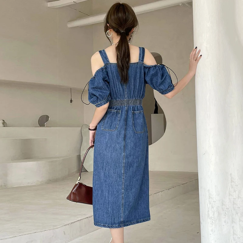 

Vintage Solid Denim Dress For Women Square Collar Puff Short Sleeve High Waist Side Split Midi Dresses Female Style