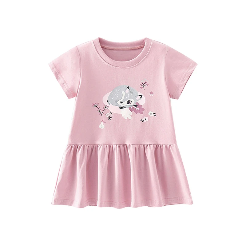 

Jumping Meters Summer Girls Dress Comfortable Short Sleeve Printing Animal Cute Deer Skirt For Babys Floral Skirt 2-7Years