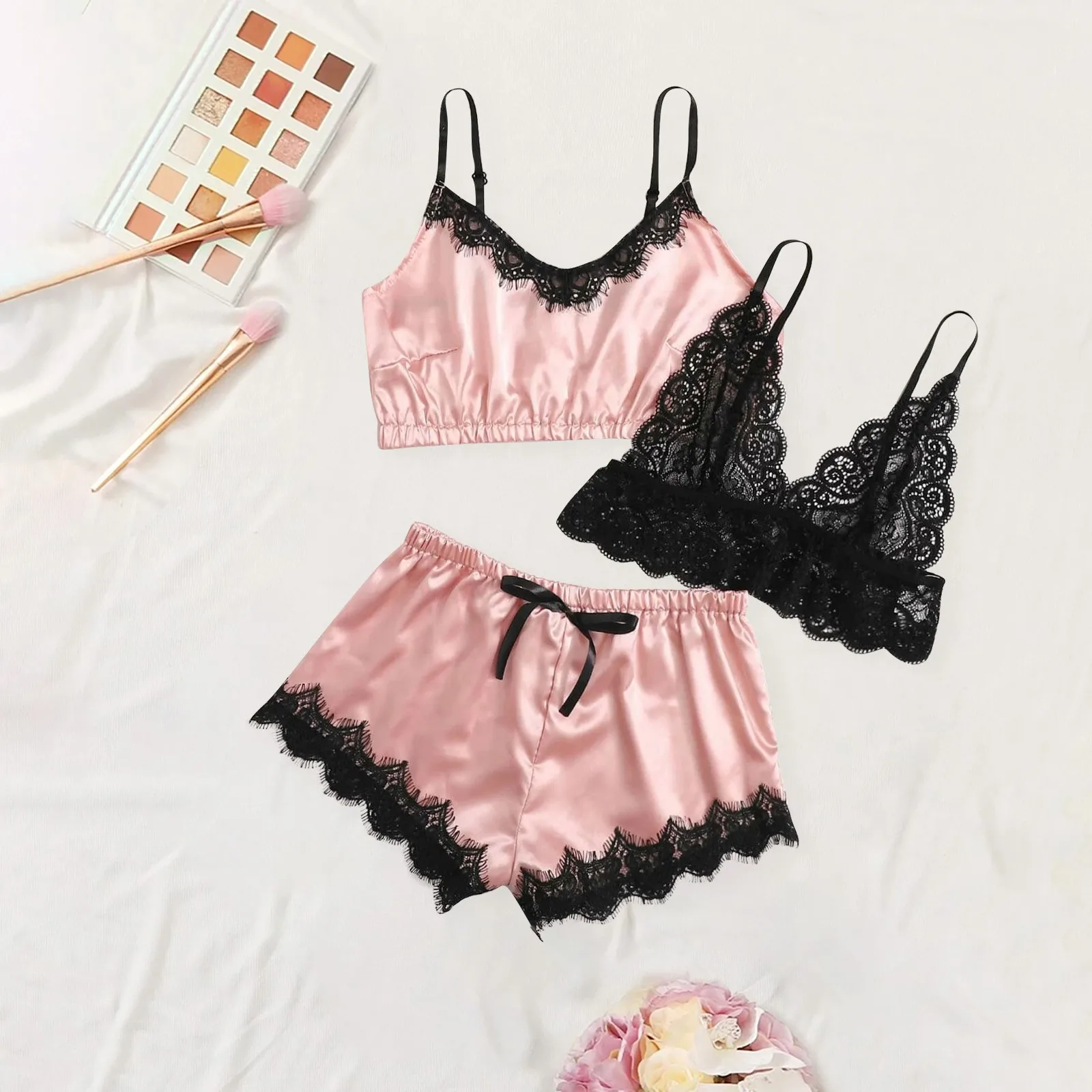 

New Women Pajamas Set Sexy Lace Home Suit Lingerie Silk Underwear Sleepwear Pajamas Satin nachtkleding vrouwen camisola