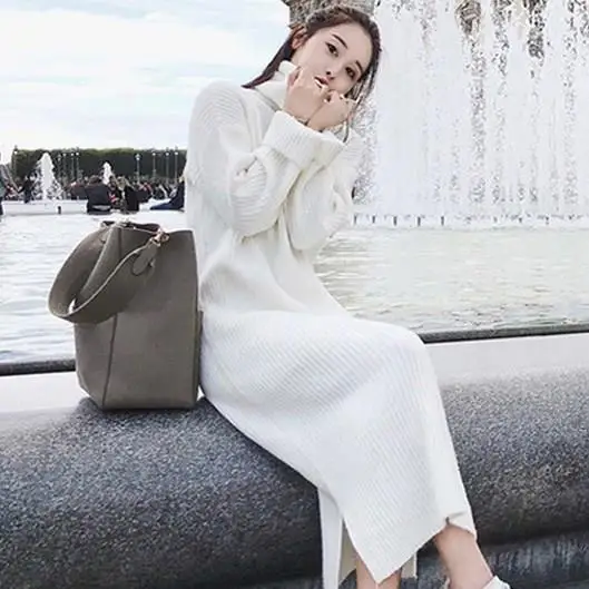Трикотажное женское платье Осень Зима Ретро белое Vestidos повседневное пуловер
