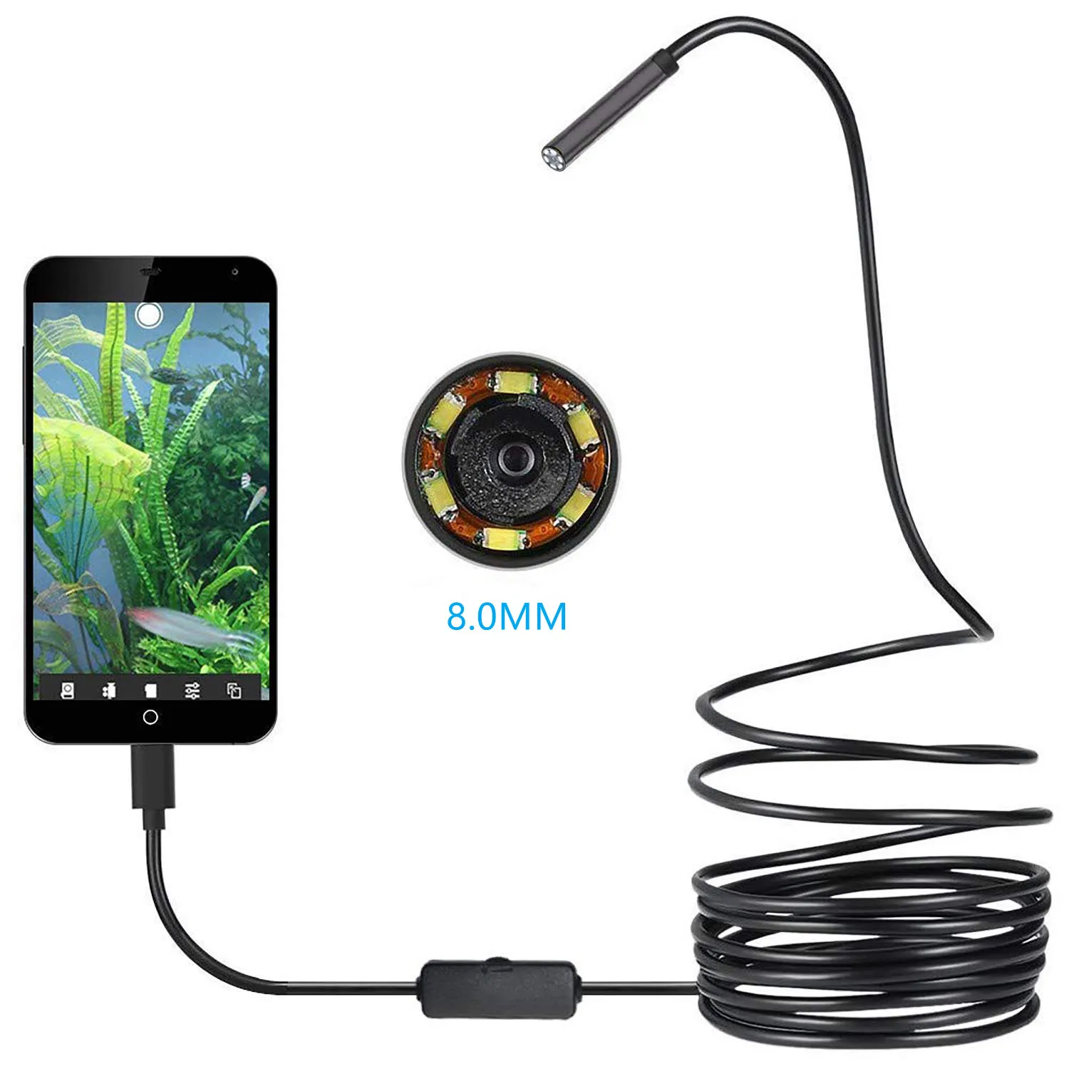 

8mm USB Endoscope 720P HD Borescope Flexible Inspection Micro USB Snake Camera 6 LED Lights for Android Phone PC Smartphone