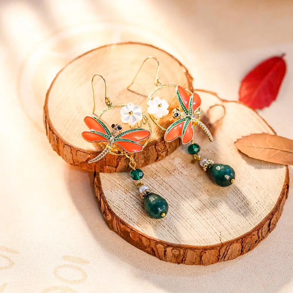 Оранжевые сплав стрекоза зеленый раздел J ade этнические висячие серьги кристалл