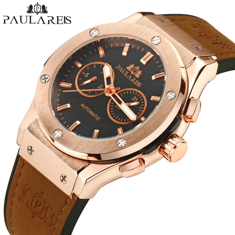 

Men Automatic Watch Mechanical Rose Gold Silver Black Case Brown Leather Rubber Strap Casual Sports Geneve Luminous Watches
