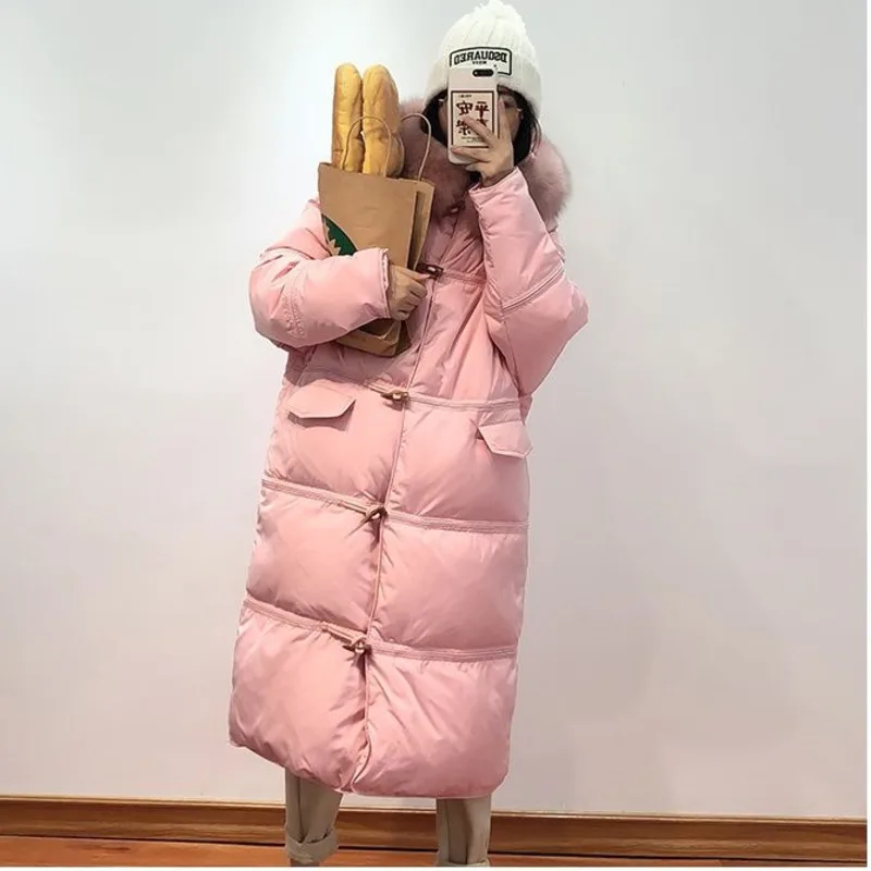 

Winter White Duck Down Jacket Women Real Natural Fur New Korean Hooded Over Knee Horn Buckle Solid Fashion Ladies Down Parkas