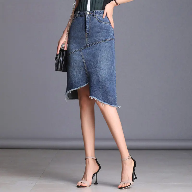 Эластичная джинсовая юбка женская летняя модная с высокой талией размера плюс