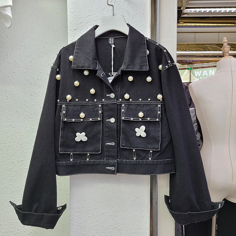 

Женская джинсовая куртка, осенняя короткая куртка с бисером, с большими карманами и длинными рукавами