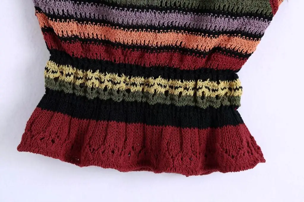 

2021 Fashion knit crochet top Women Casual sexy wide straps Knitted Sweater Ladies Sleeveless elastic waistband ruffled hem tops