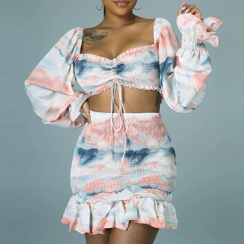 

Сладкий женский комплект 2 шт. принт оборкой оборками Фонари рукав квадратный вырез, открытая спина, Высокая Талия комплект из двух предмето...