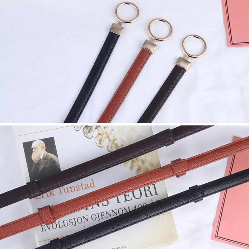 

Fashion Thin Belt Women Gold Round Circle Buckle Waist Belt Wild Female PU Leather Dress Coat Waistband