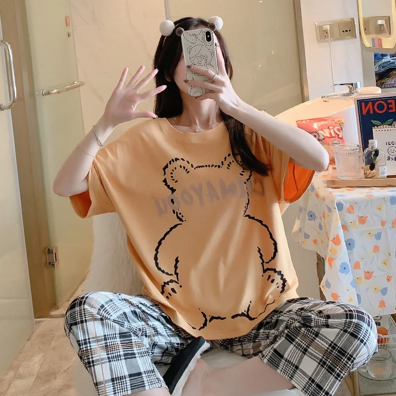 CAIYIER Summer Pajamas Suit Women Short Sleeves Cute Bear Print Sleepwear Casual Checked Trousers Korea Sweet Pyjamas Homewear