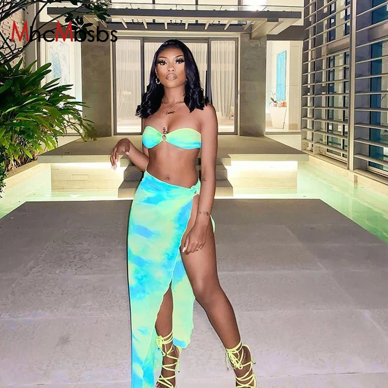 

Women 2 Two Piece Sets Sexy Hot Corset Top Tie Dye Beach Bikini Cover Up Long Skirt Robe Bathing Suits 2021 Summer Holiday