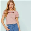 SHEIN женская футболка с вышитым цветочным принтом, женская одежда, топы, Повседневная летняя футболка с круглым вырезом и коротким рукавом