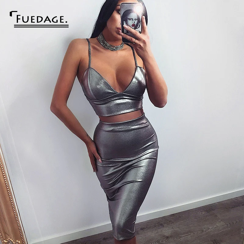 Женский комплект из двух предметов Fuedage серебристый искусственной кожи с v