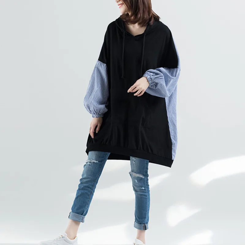 

IEQJ 2020 New Autumn Hooded Collar Striped Patchwork Black Loose Long Pullvoers Women's Sweatshirt Females Clothing AH16801XL