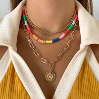 ingesight z colorful rainbow heishi clay beads choker necklaces multi layered portrait carved coin pendant necklaces jewelry