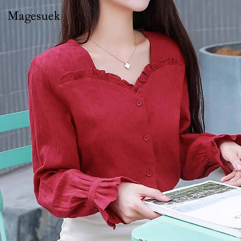 

Блузка женская с длинным рукавом, V-образным вырезом и оборками