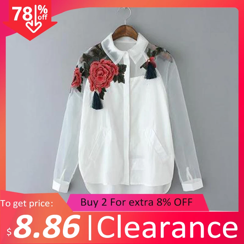 2020 Весенняя женская хлопковая белая рубашка винтажная прозрачная блузка с