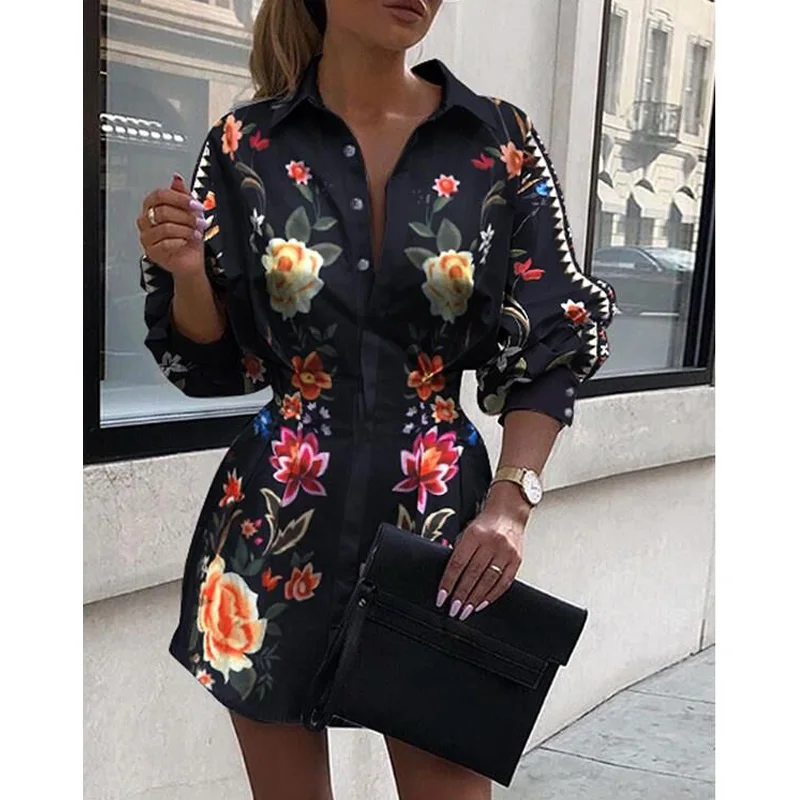 

Vintage Flower Print Batwing Sleeve Mini Dress Women Elegant Office Lady Slim Pleated Blouse Shirt Dress