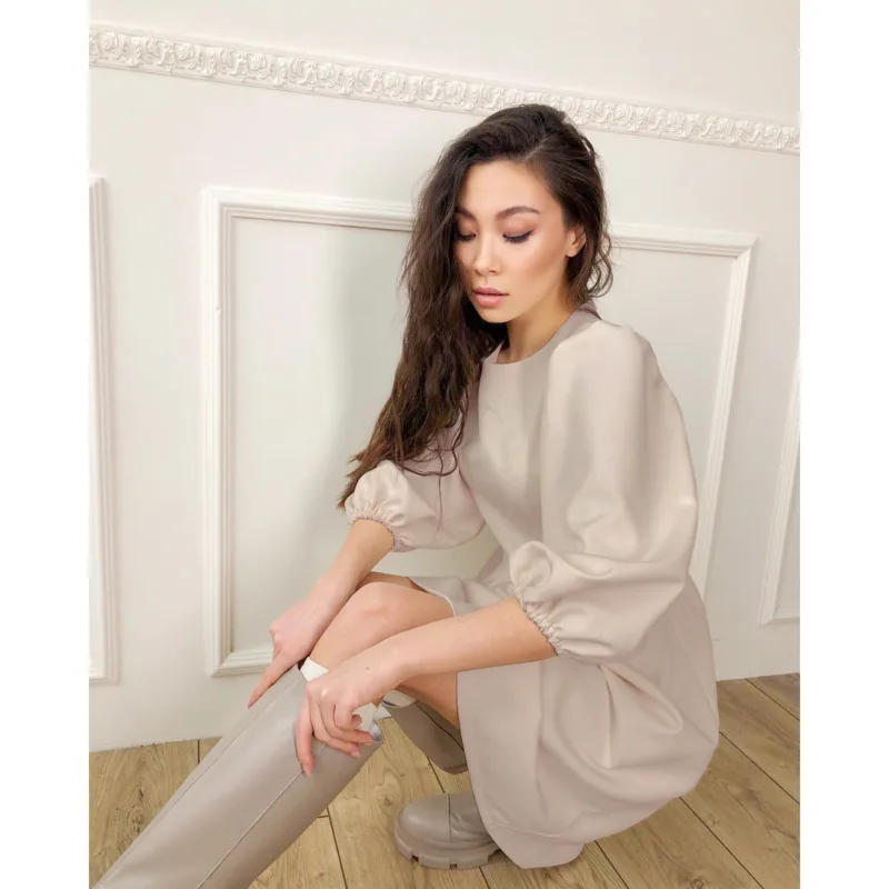 

Elegant Casual Women Dress Lantern Short Sleeve Cotton Solid A Line High Waist Streetwear Slim Summer Mini Chic Lady Dress