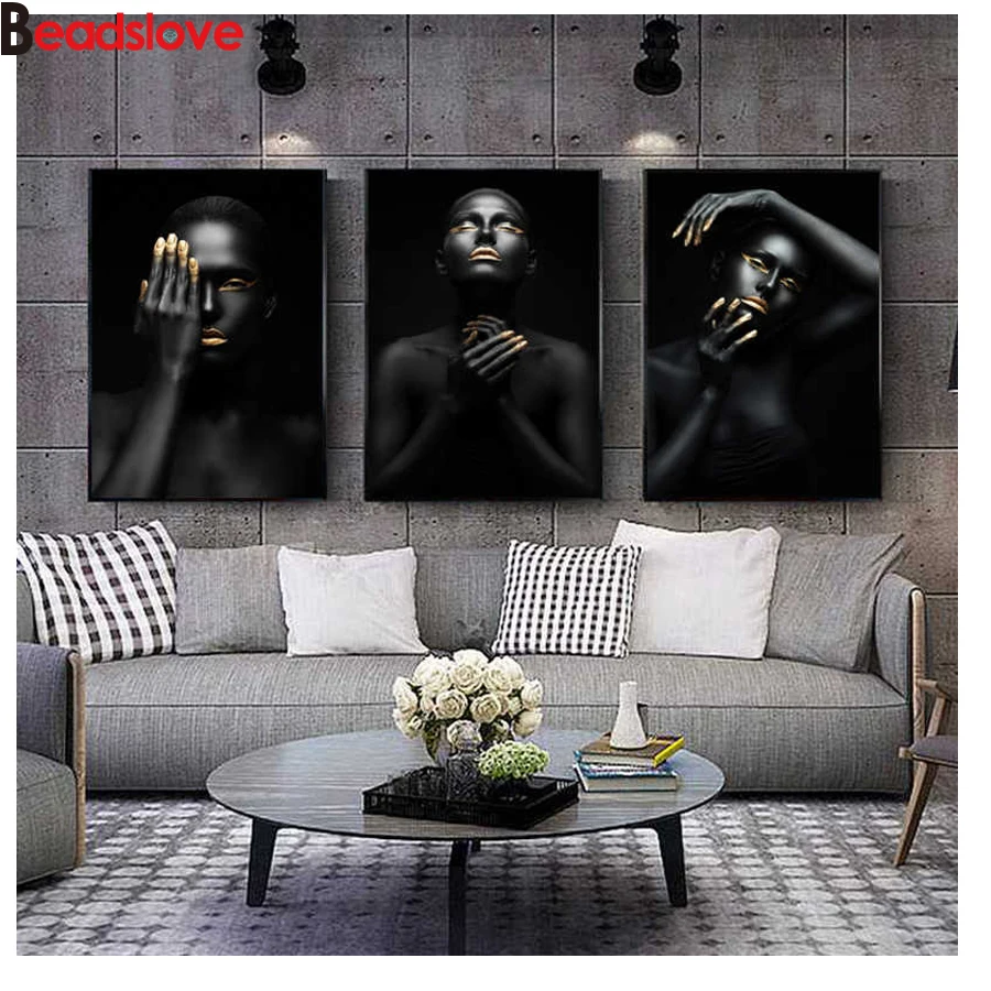 

3 pcs 5d diamond embroidery, sale, square round Black and Gold African women diamond painting cross stitch, mosaic Scandinavian