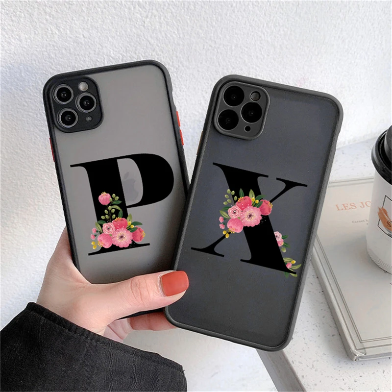 

For iPhone 11 Pro Max 12 Mini 7 8 Plus 12 Pro X XR XS Max SE 2020 Cute Matte Initial Letter A Z Flowers Fundas Shockproof Coque