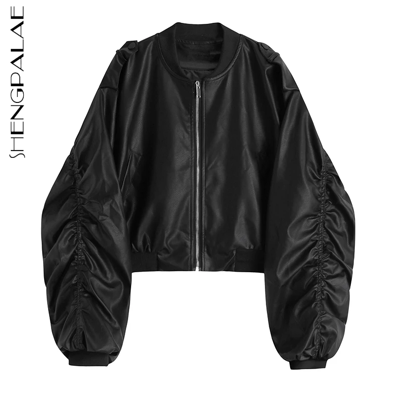 

SHENGPALAE Fashion Streetwear Black PU Leather Jacket Women's Autumn 2021 New O-neck Loose Zipper Puff Sleeve Short Coat Female