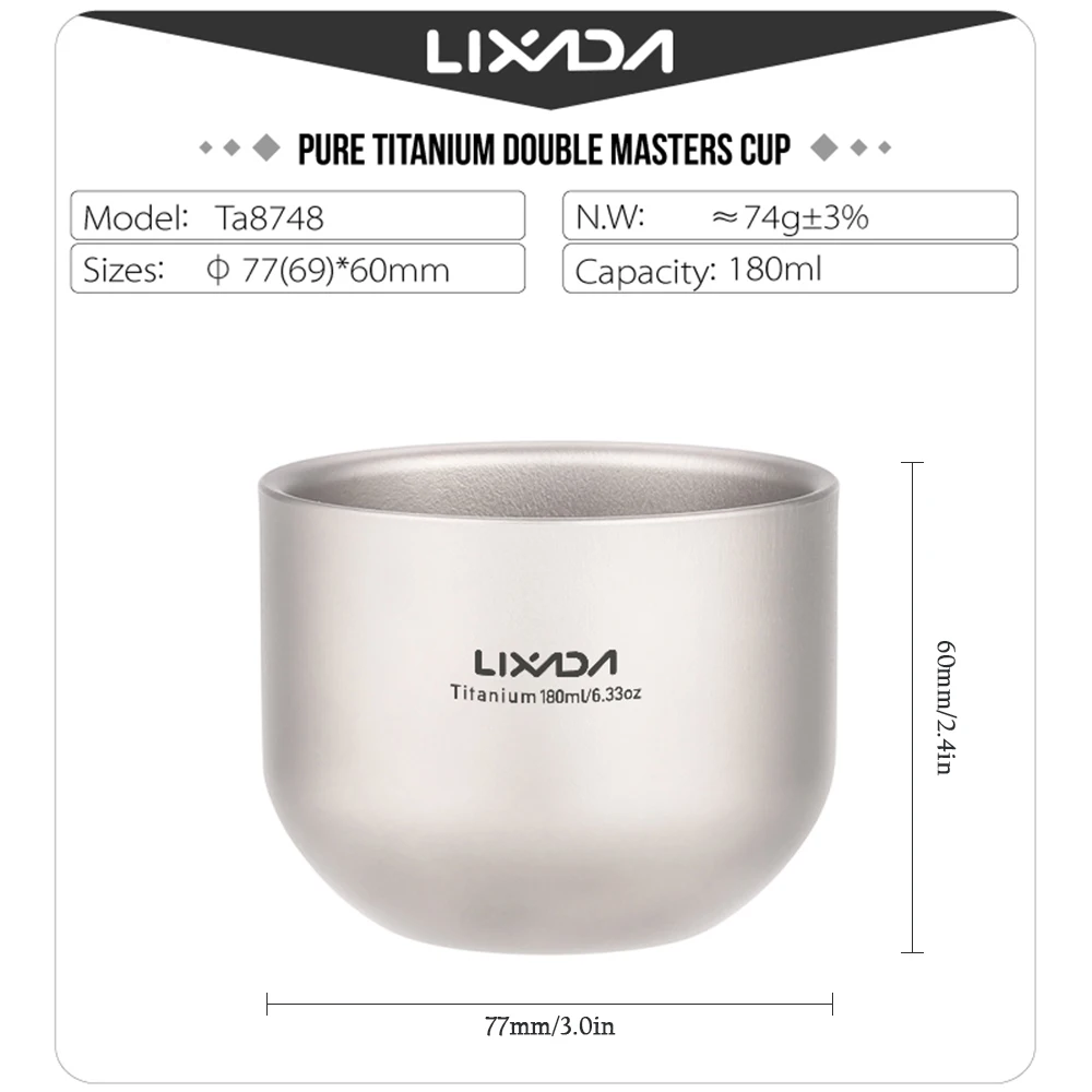 

Lixada Tea Cup Double Wall Titanium lightweight Water Cup for Home Office Outdoor Camping Hiking Backpacking Water Cup