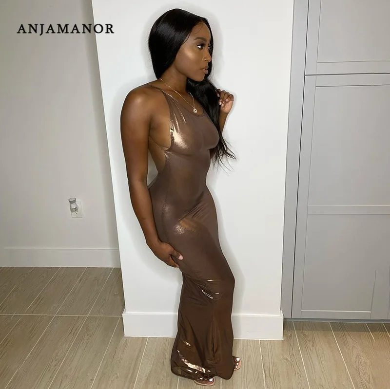 

Женское длинное платье с открытой спиной anjaview, однотонное облегающее платье с металлической отделкой, длинное платье для вечерние и ночных ...