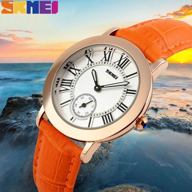 SKMEI роскошные женские часы кварцевые модные из натуральной кожи на ремешке