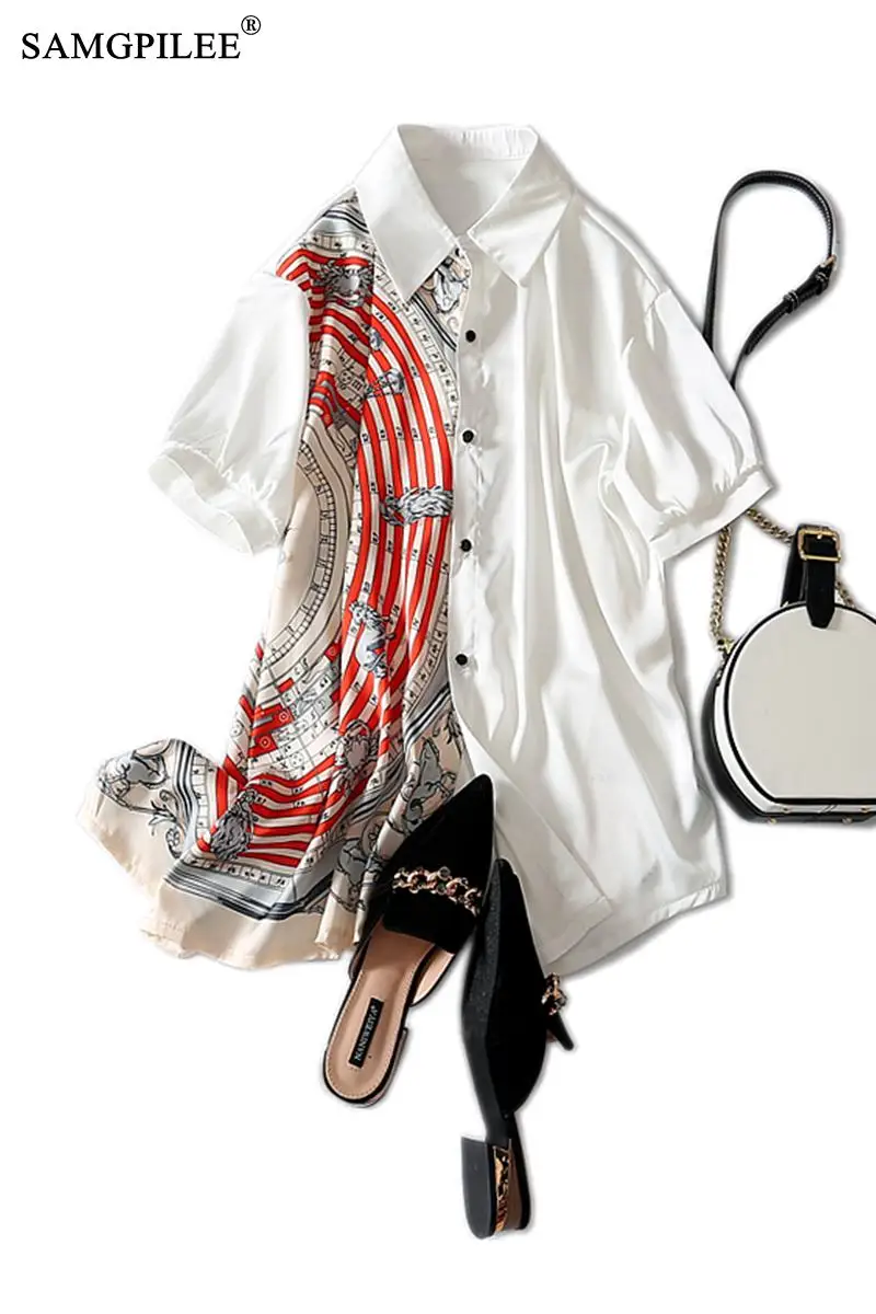 

Blouses Women Fashion 2020 Summer Elegant Korean Style Chiffon Short Sleeve Button Print Turn-down Collar Women Summer Blouse