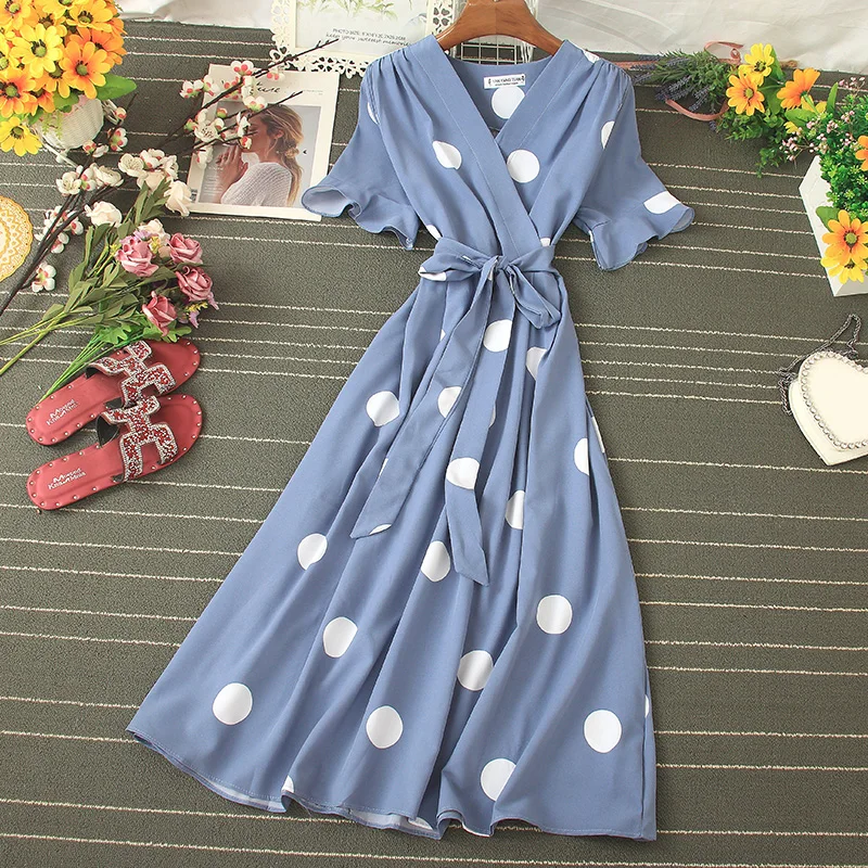 

Vintage Polka Dot Midi Dress Summer 2020 Sexy V-neck Flare Sleeve Casual Vestidos Verano Elegant Blue/White Sashes Dresses New