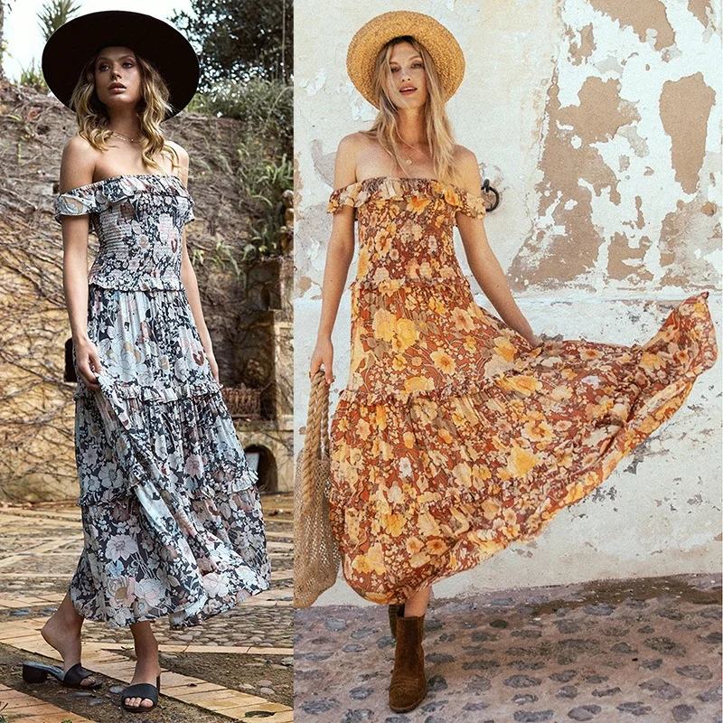 

Summer Women Elegant Slash Neck Strapless Dresses Print Patchwork Ladies Party Streetwear Ankle-Length Long Skirt