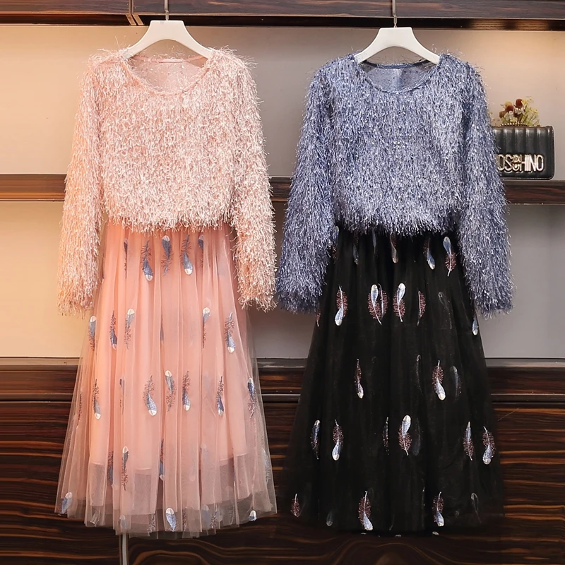 

Actual Spot-large Female Autumn Dress New Style Fat Mm Fashionable Slender Liquidambar Top + Embroidered Half-length Skirt Suit