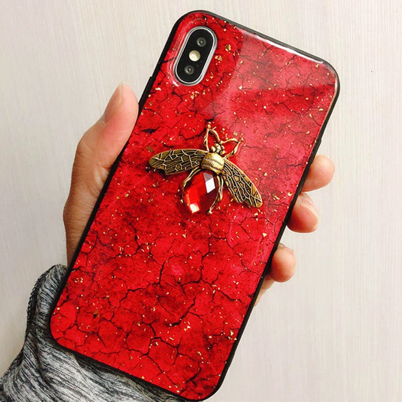 Роскошный силиконовый чехол с бриллиантовыми пчелами и блестками под мрамор для