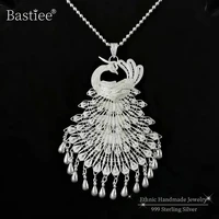 bastiee 999 sterling silver peacock pendant necklace women handmade luxury jewelry boho ethnic big pendants dangle hmong silver