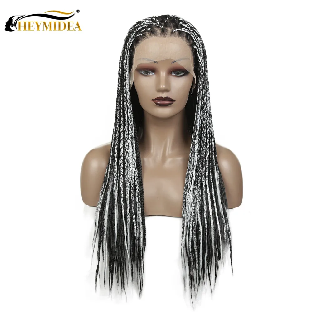 28Inch Synthetic Wig Box 3 Strands Braided High Temperature Silk Long Braid Hair Front Lace Headgear Heat Resistant  Braided Wig
