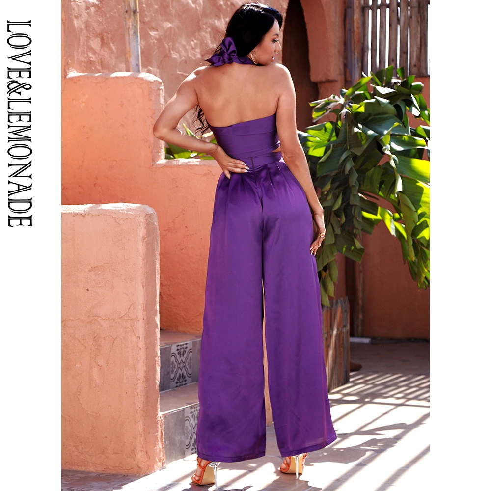 

LOVE&LEMONADE Sexy Dark purple Changeable Cross Straps High Waist Flared Trousers Reflective Material Set LM6473