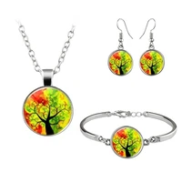 fashion tree of life art photo jewelry set glass pendant necklace earring bracelet totally 4 pcs for womens girl creative gifts