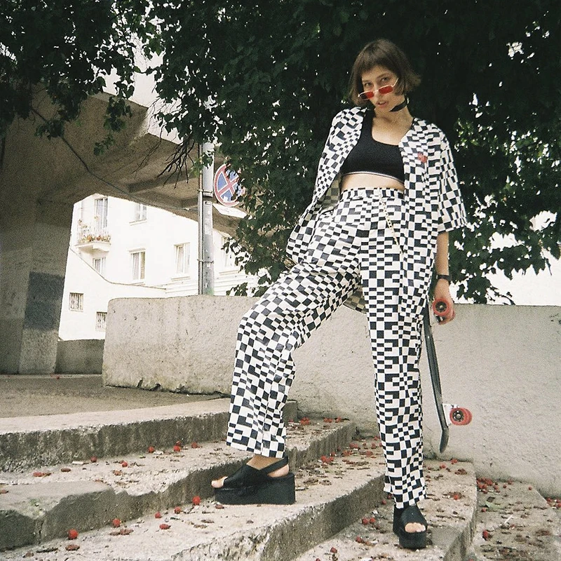 2019 осень зима новые длинные штаны Черно белые клетчатые модные уличные с высокой