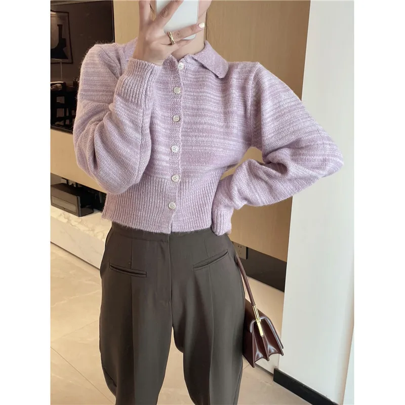 

2022 Spring and Winter New Women Short Polo Knits Spaced-Dyed Cotton Wool Cardigan Soft Japanese Style Sweaters pull de noel