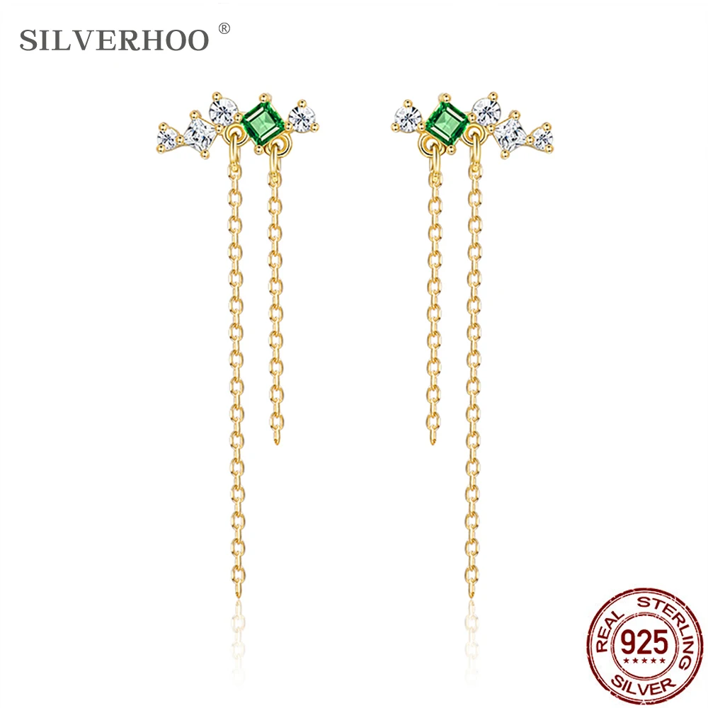 

SILVERHOO 925 Sterling Silver Gold Color Flower Tassel Drop Earrings For Women Dazzling Cubic Zirconia Earring Silver Jewelry