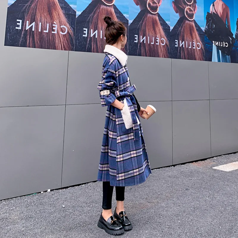 

Autumn Winter Womens Sashes Long Woolen Coat Fashion Prairie Chic Slim Turn-Down Collar Single Breasted Pockets Plaid Spliced