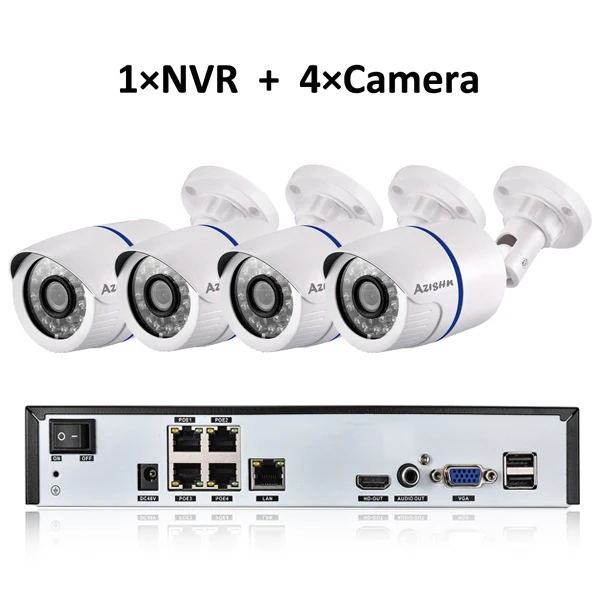 AZISHN 4CH 1080P HDMI 48 в POE 2MP NVR CCTV камера системы наружная безопасность 720P IP камера P2P система видеонаблюдения NVR комплект - Цвет: NVR and 4Camera