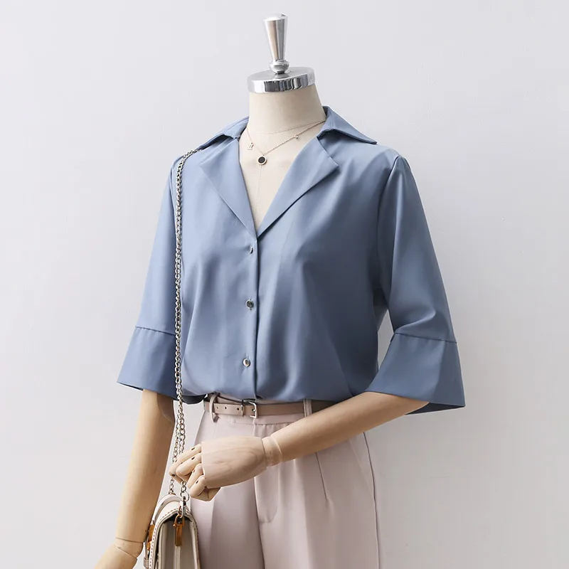 Синяя шифоновая женская блузка с v образным вырезом и отложным воротником